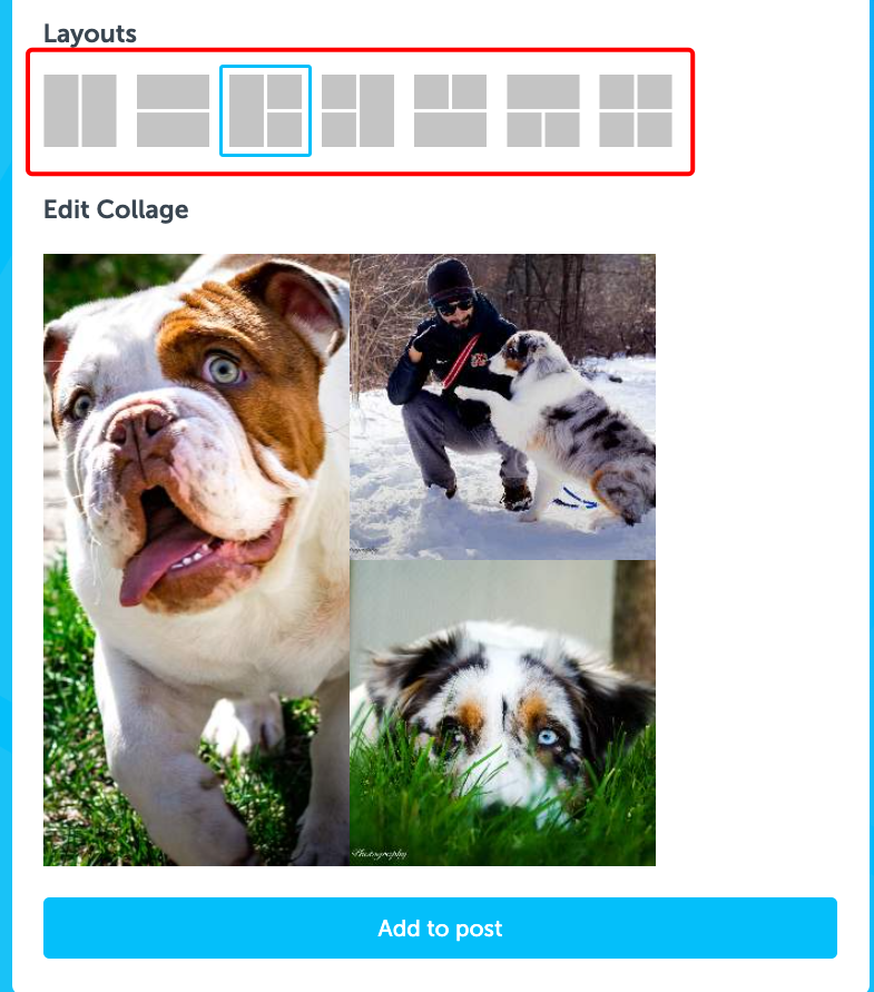 screenshot of the Add a Post page where three images have been uploaded. Above the three uploaded images, thre is a header that reads Edit Collage. Above that there are 7 different layout options previewed for selection to change the layout of your collage. Above those layout options there is a header that reads Layouts.